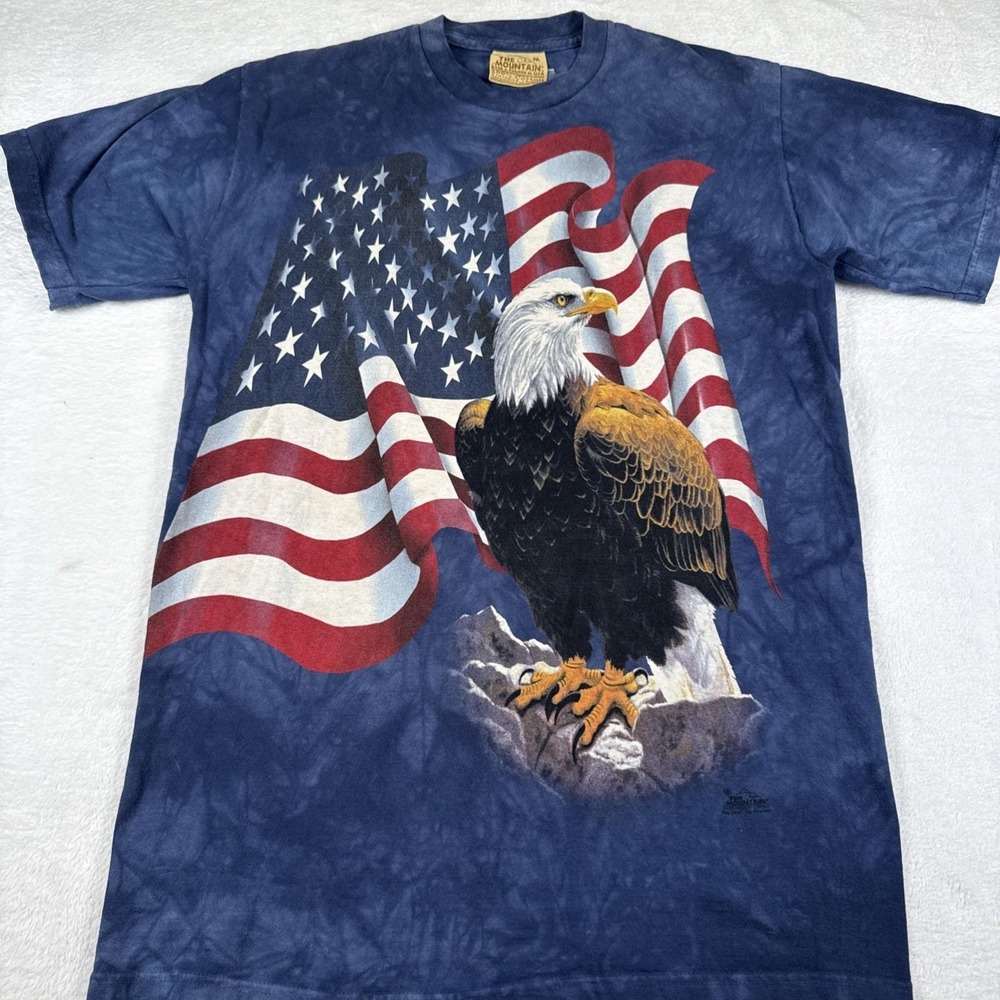 Vtg The Mountain Shirt Men Medium Blue Tie Dye 2001 American Flag Bald Eagle Y2K